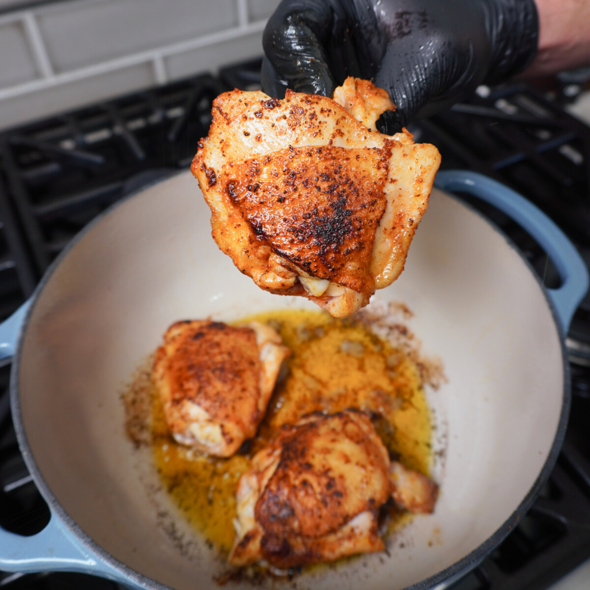 Crispy skin on chicken thighs.