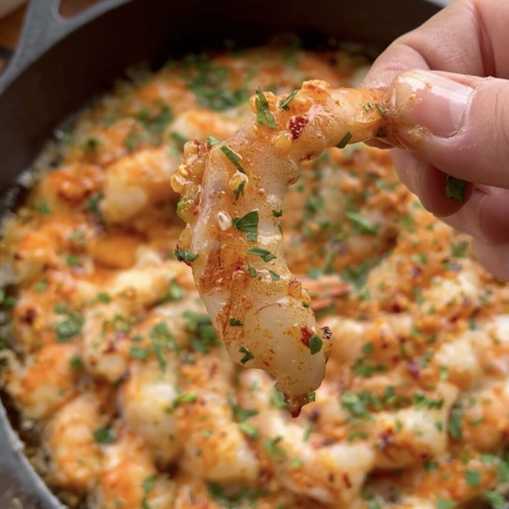 Cooked shrimp covered in garlic and fresh parsley. 