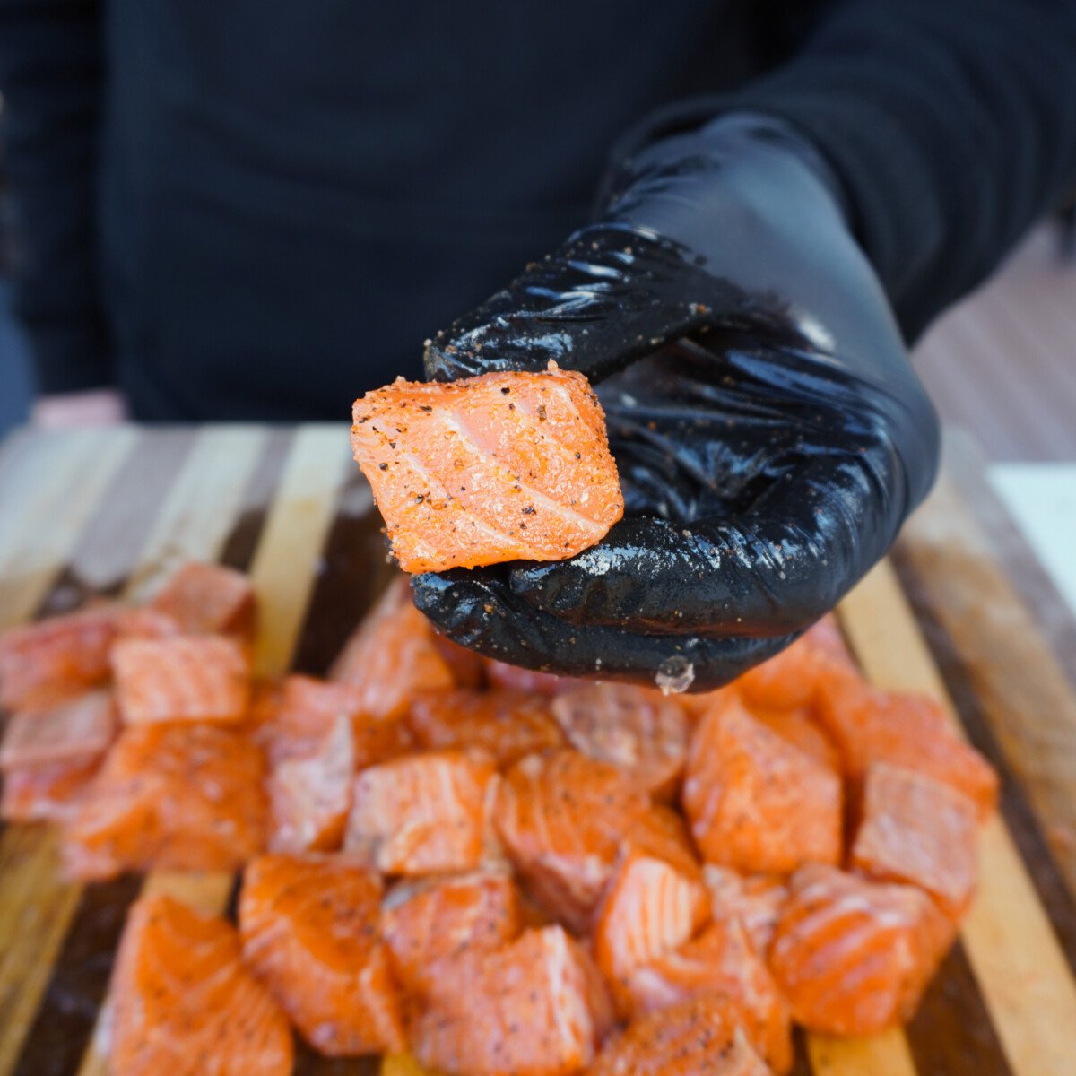 seasoned raw salmon bites.