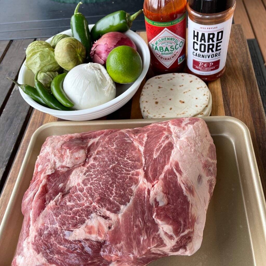 Ingredients for the salsa verde pulled pork tacos.