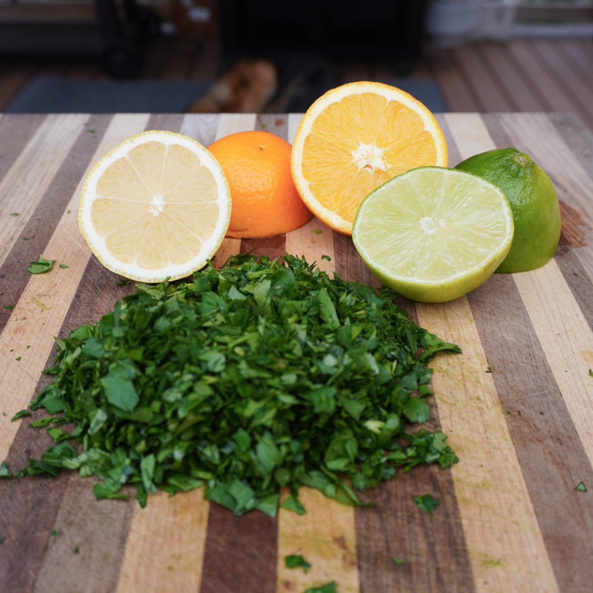 sliced zesty fruits and chopped up parsley.